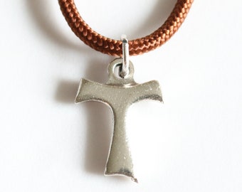 Tau Cross St Francis Pendant Brown Paracord Medal Necklace Catholic Mercy Saint