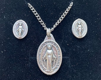 Miraculous Medal Necklace and Stud Earring Set Women 18" Chain Necklace Catholic Mercy Mary Handmade