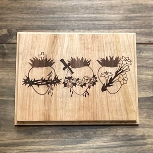 Hearts of the Holy Family Wooden Engraved Wall Plaque Catholic Jesus Mary Joseph Made in USA