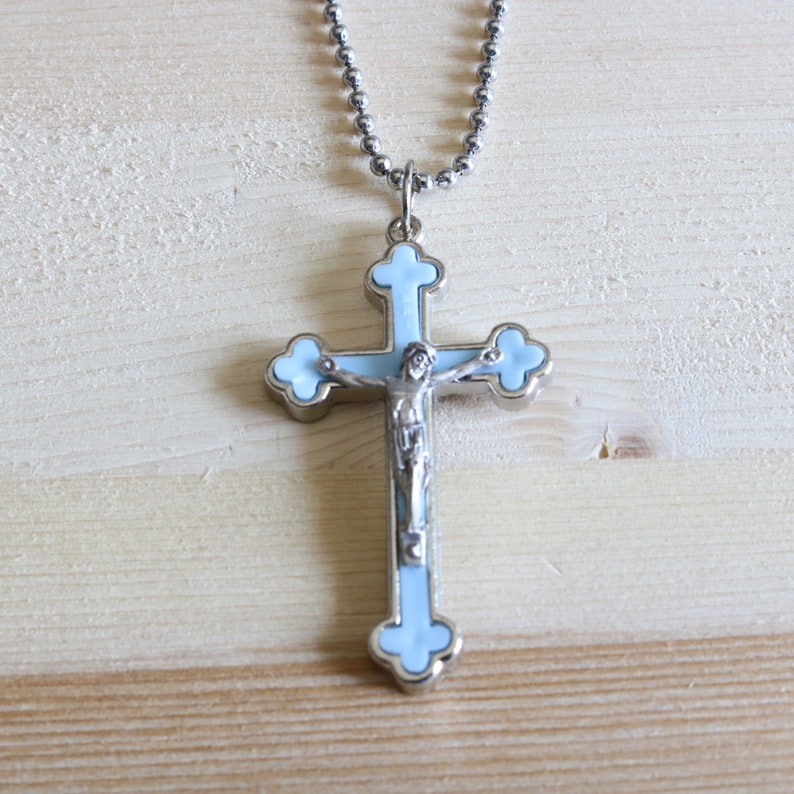 Men Necklace Light Blue Cloverleaf Crucifix Pendant Stainless - Etsy