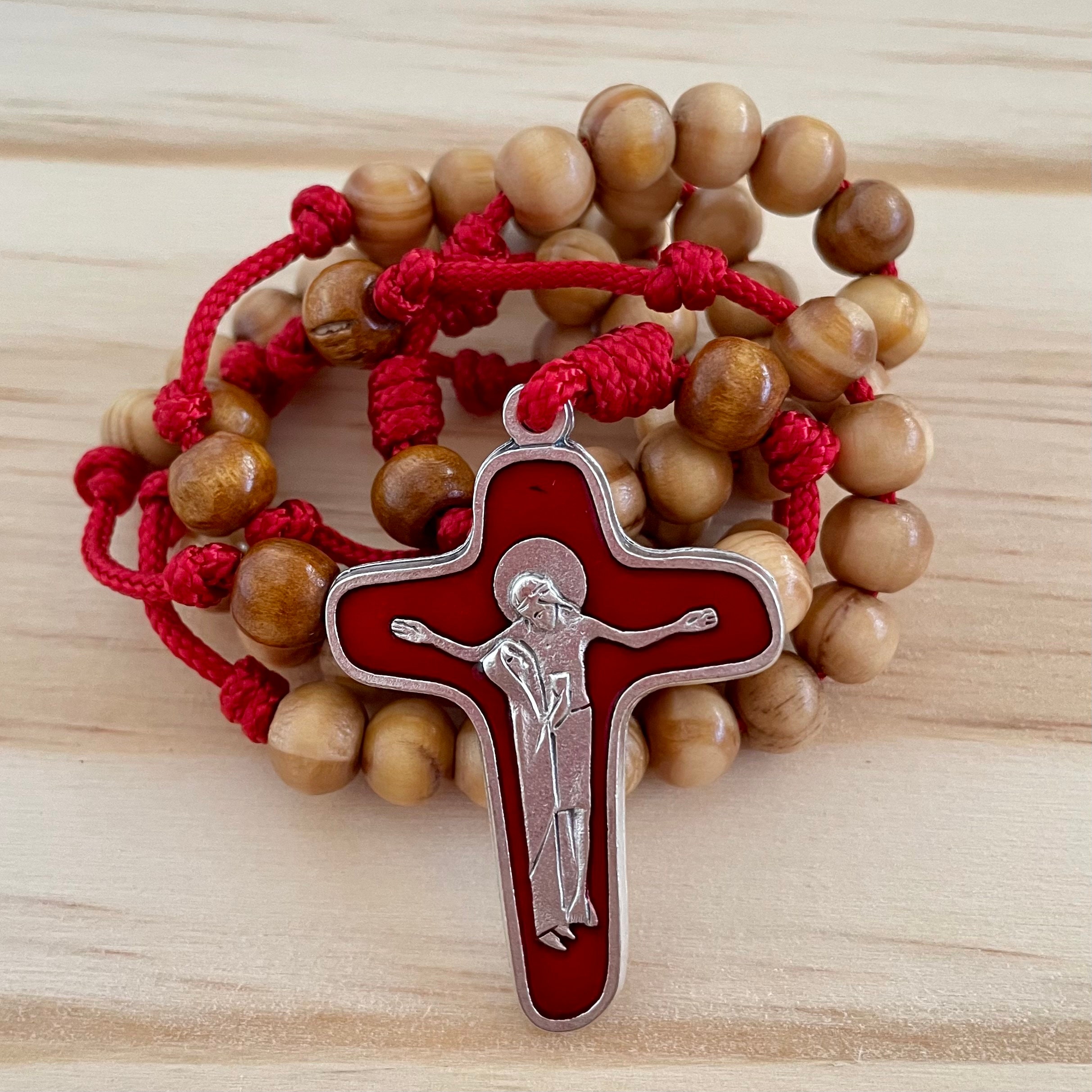 Katholisches Kreuz Rosenkranz Halskette, Naturholz Gebetsperlen