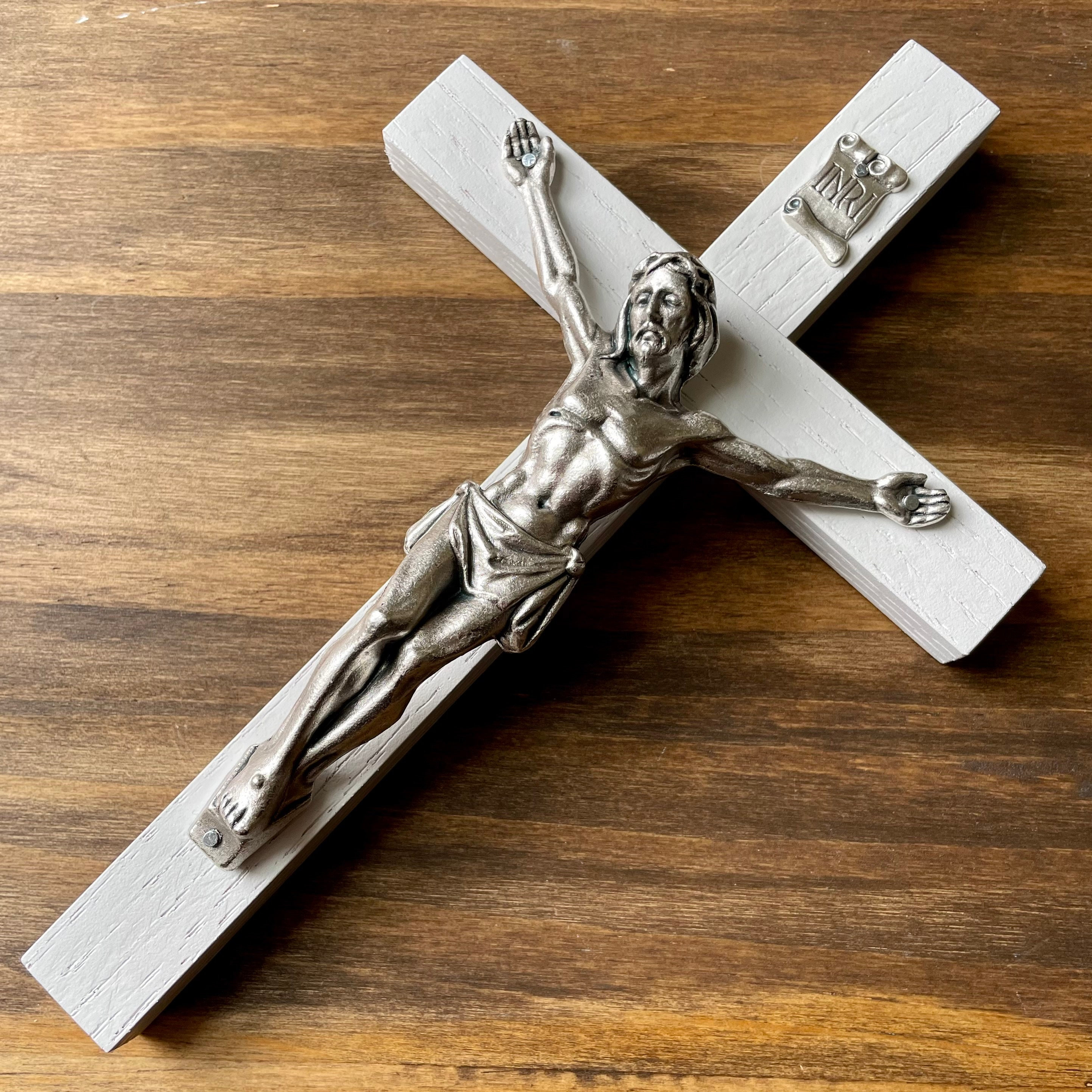 8" Wall Crucifix Wood White Decor Christ Cross Crucifijo Catholic Mercy Cruz Made in USA