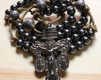 Rosary Brown Paracord Black Steel Beads Wearable Cross Crucifix Pray Catholic Mercy Necklace Rosario