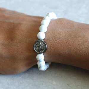 Rosary Bracelet White Howlite St Benedict Medal Catholic Mercy Handmade Woman