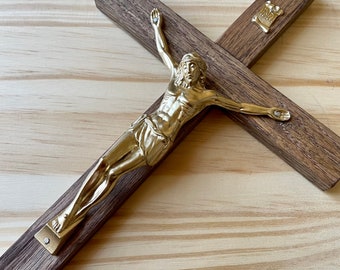 11" Wall Crucifix Wood Brown Gold Decor Christ Cross Crucifijo Catholic Mercy Cruz Made in USA