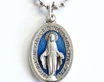 Medalla Milagrosa Azul para Hombre, Cadena de Acero Inoxidable de 20", Collar con Colgante Católico de María