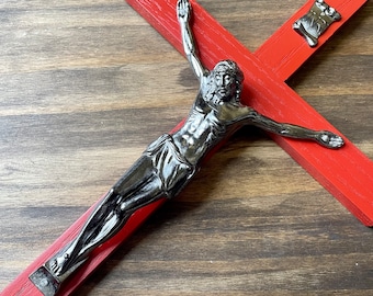 13" Wall Crucifix Wood Red and Gunmetal Decor Christ Cross Crucifijo Catholic Mercy Cruz Made in USA