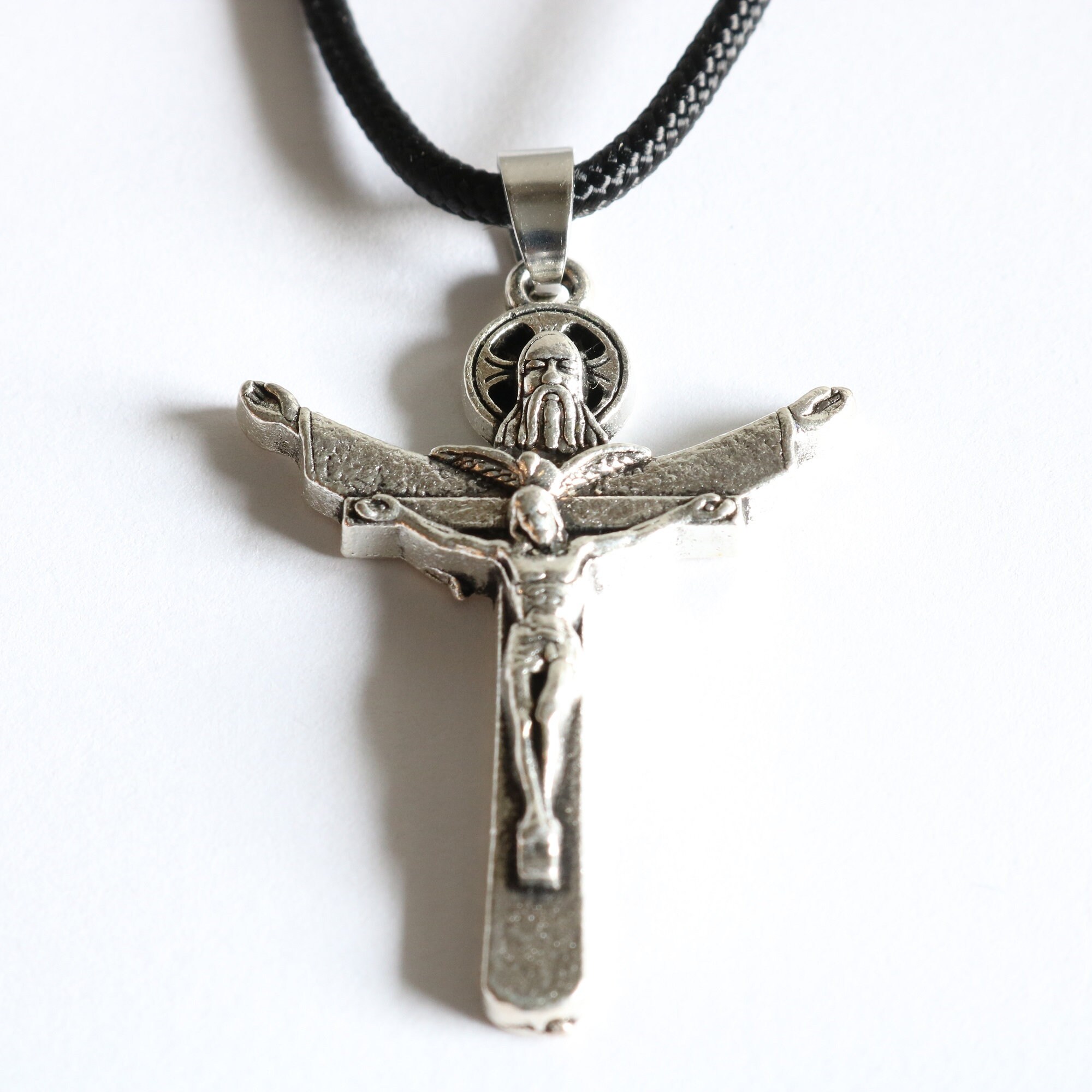 Holy Trinity Crucifix Pendant Black Paracord Medal Necklace Catholic ...
