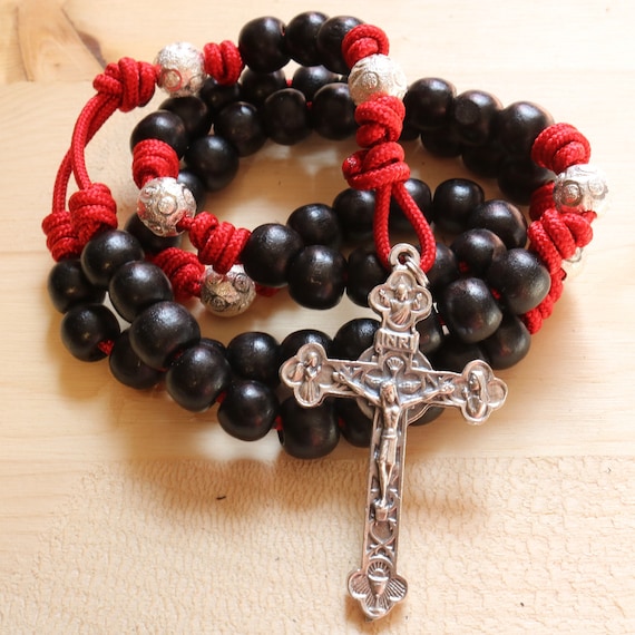 Rosary All Black Paracord Wood Beads Pray Wearable Crucifix Catholic Rosario