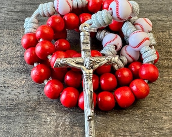 Red Baseball Rosary Wearable Cross Crucifix Virgin Mary Pray Catholic Mercy Necklace Rosario
