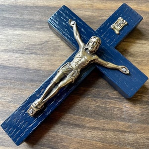 5&quot; Wall Crucifix Wood Midnight Blue Bronze Decor Christ Cross Crucifijo Catholic Mercy Cruz Made in USA
