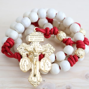 Rosary Red Paracord Natural Wood Gold Beads Wearable Cross Crucifix Thorns Mary Pray Catholic Mercy Necklace Rosario