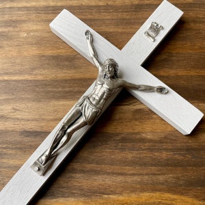 11&quot; Wall Crucifix Wood White Decor Christ Cross Crucifijo Catholic Mercy Cruz Made in USA