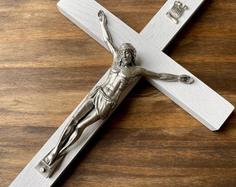 11" Wall Crucifix Wood White Decor Christ Cross Crucifijo Catholic Mercy Cruz Made in USA