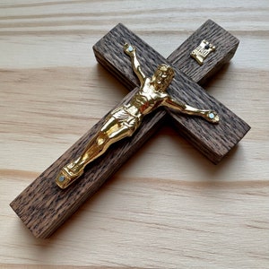 5&quot; Wall Crucifix Wood Brown Gold Decor Christ Cross Crucifijo Catholic Mercy Cruz Made in USA