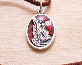 St Michael Archangel and Guardian Angel Pendant Brown Paracord Medal Necklace Catholic Mercy