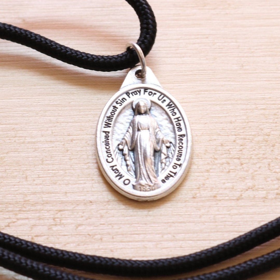 Mary Pendant Black Paracord Blessed Virgin Mary Miraculous Medal ...