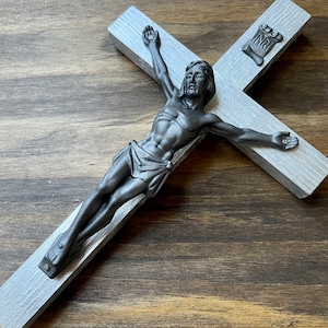 8&quot; Wall Crucifix Wood Metallic Silver Gunmetal Decor Christ Cross Crucifijo Catholic Mercy Cruz Made in USA