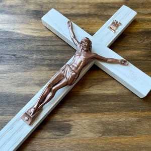 11&quot; Wall Crucifix Wood White Copper Decor Christ Cross Crucifijo Catholic Mercy Cruz Made in USA