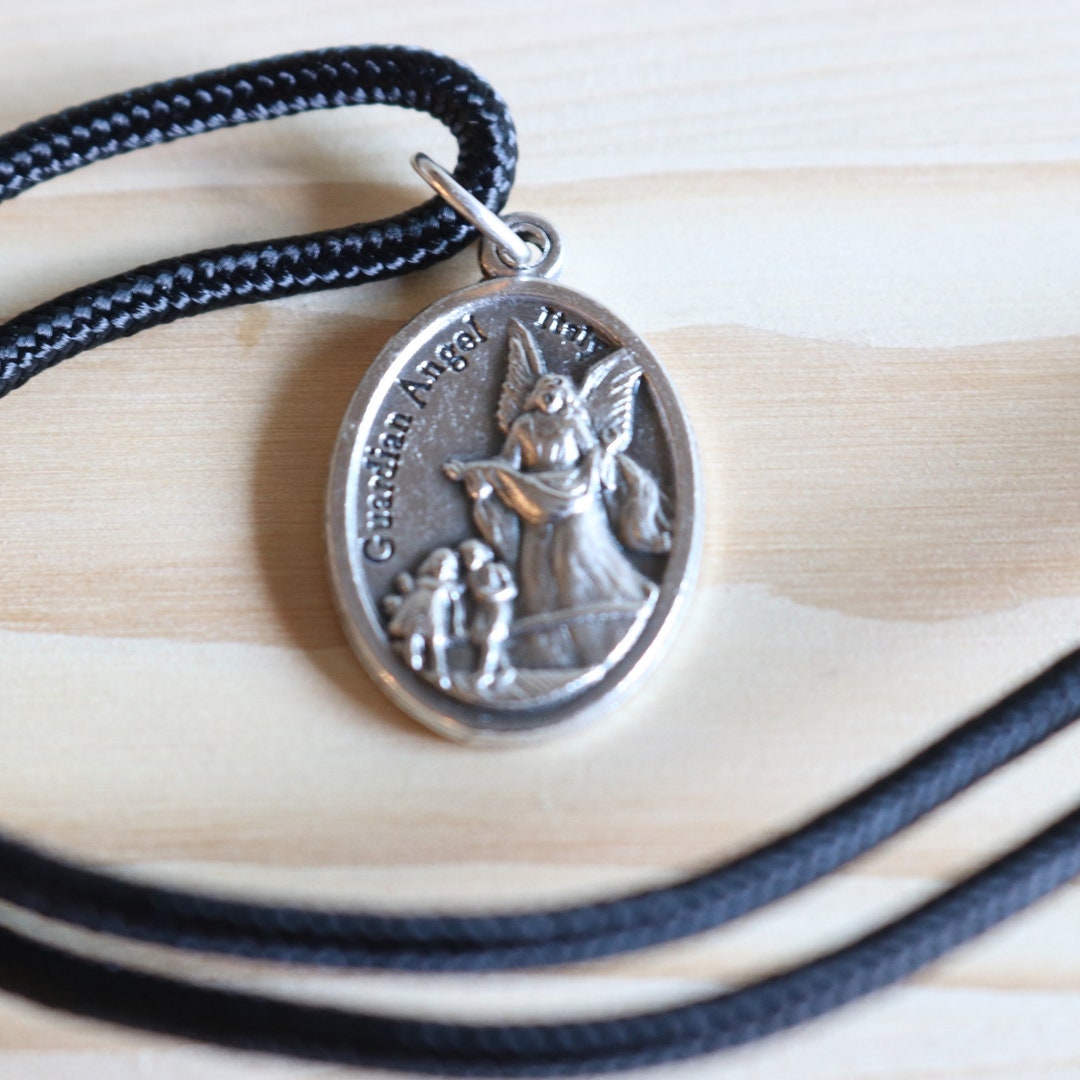 Guardian Angel Pendant Black Paracord Medal Necklace Catholic Mercy - Etsy