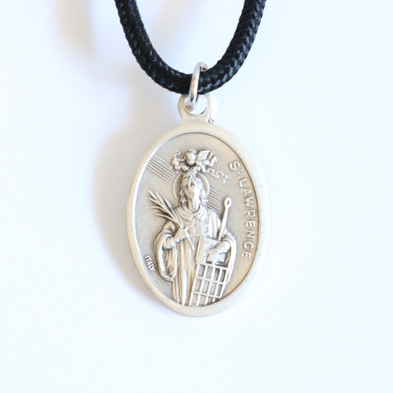 St Lawrence Pendant Black Paracord Medal Necklace Catholic Mercy Saints ...