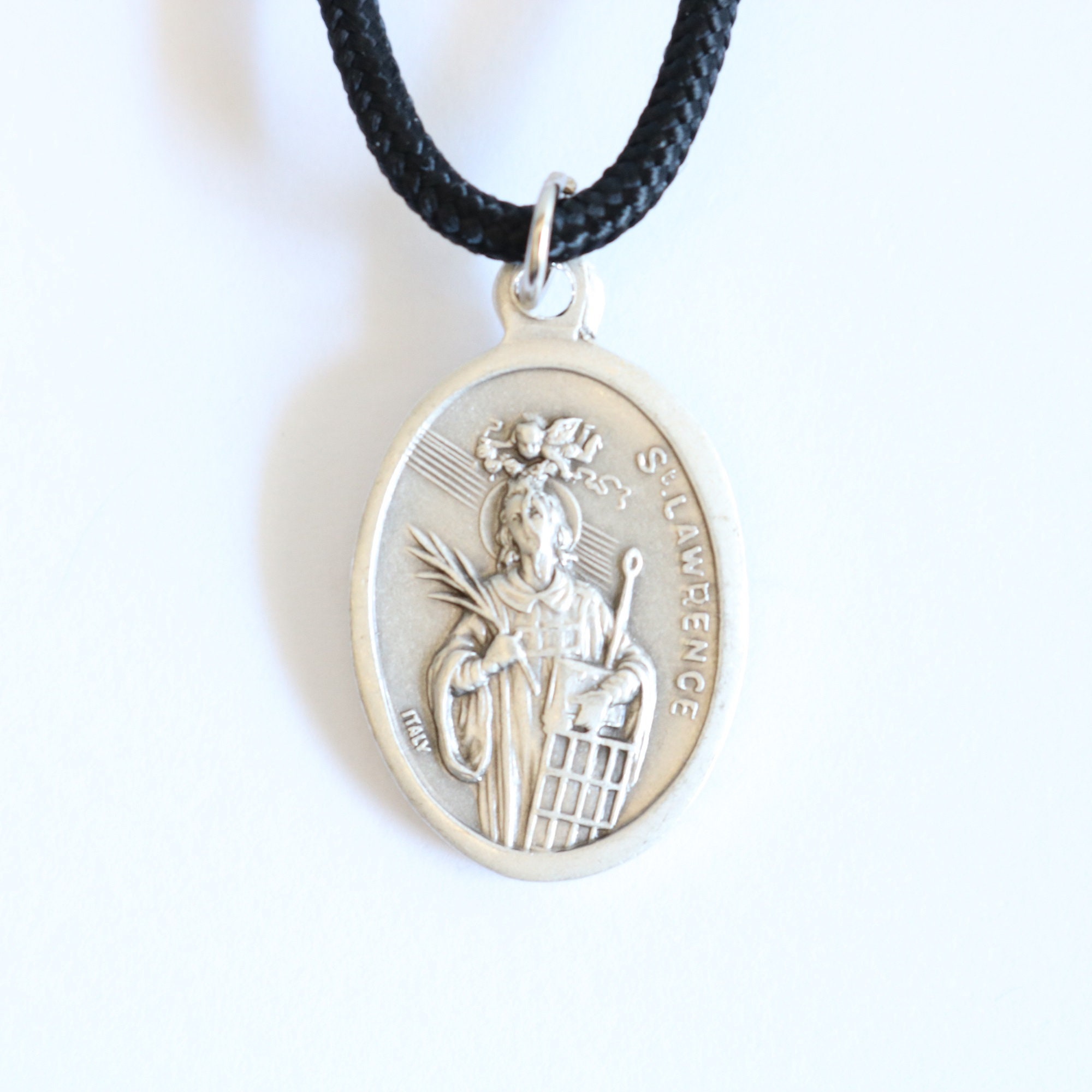 St Lawrence Pendant Black Paracord Medal Necklace Catholic Mercy Saints ...