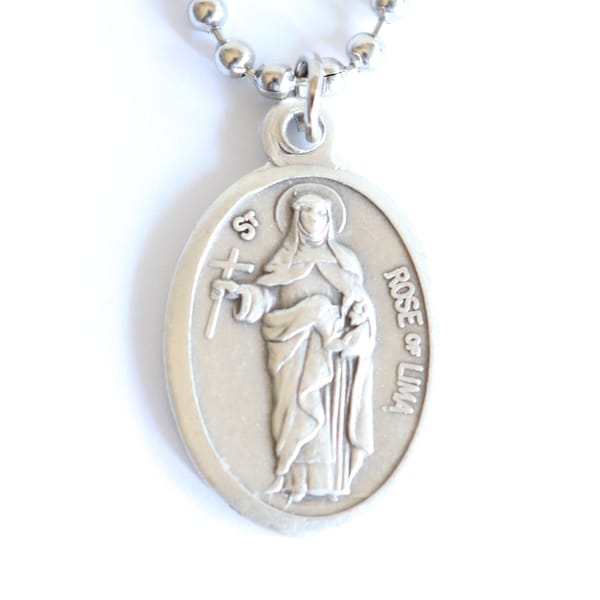 St Rose of Lima Medal 20" Men Stainless Steel Chain Necklace Catholic Mercy Pendant