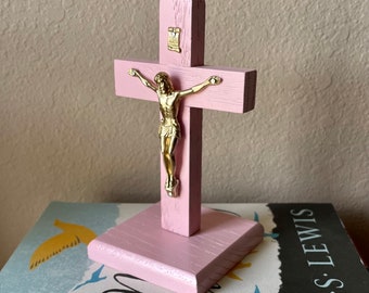 5.5" Standing Crucifix Wood Pink Gold Decor Christ Cross Crucifijo Catholic Mercy Cruz Made in USA Home Altar