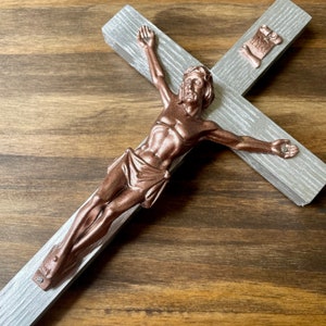 8&quot; Wall Crucifix Wood Metallic Silver Copper Decor Christ Cross Crucifijo Catholic Mercy Cruz Made in USA