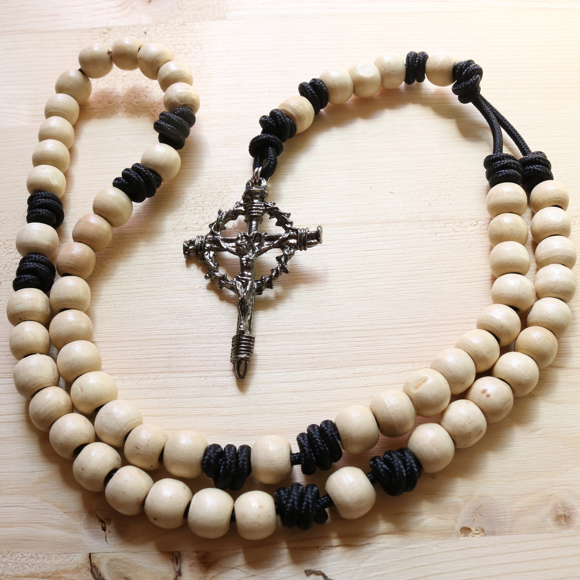 Rosary Black Paracord Natural Wood Beads Wearable Cross Etsy