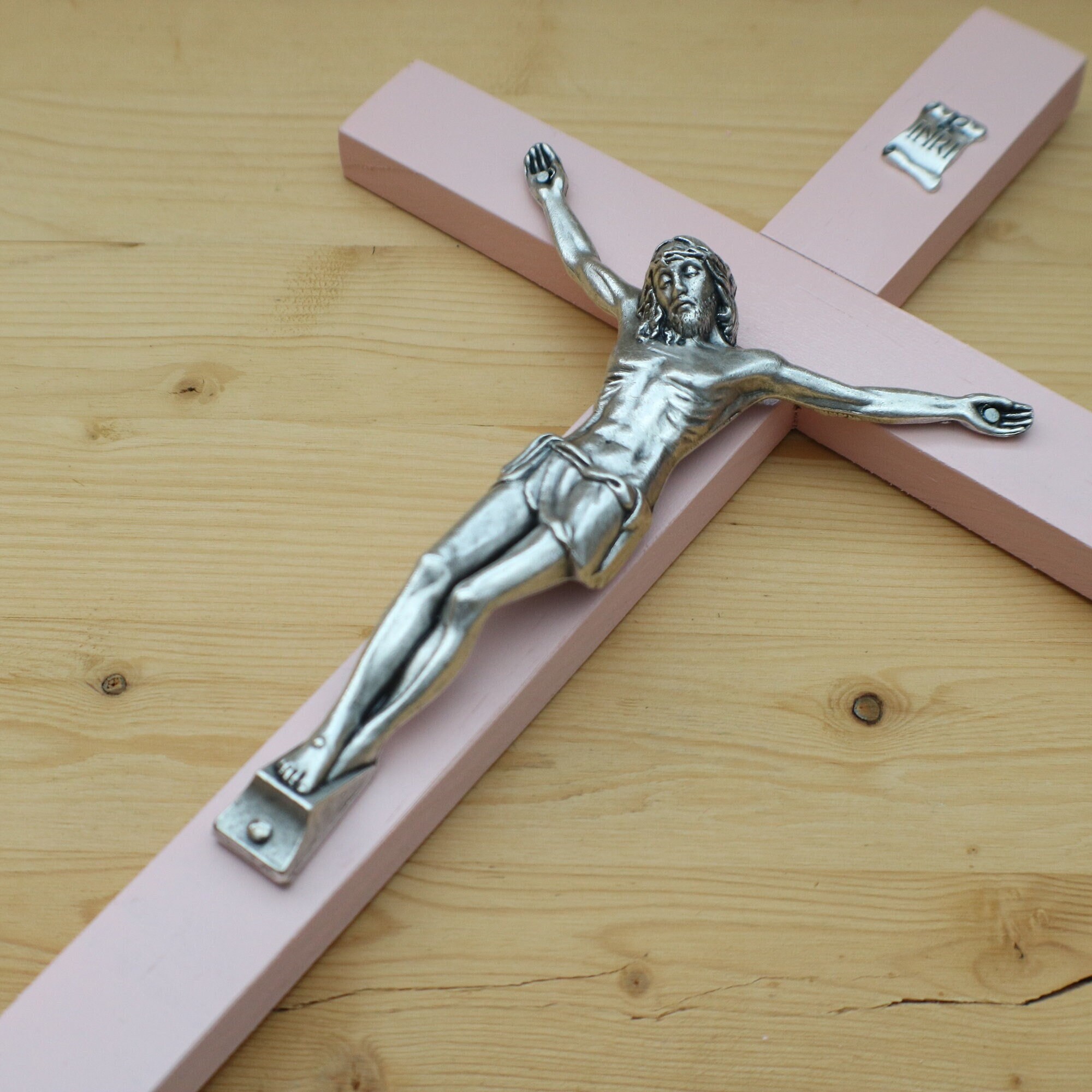 11 Wall Crucifix Wood Baby Pink Decor Christ Cross Etsy UK