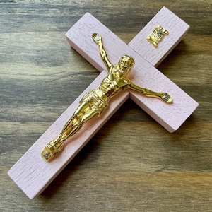 5&quot; Wall Crucifix Wood Baby Pink Gold Decor Christ Cross Crucifijo Catholic Mercy Cruz Made in USA