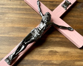 13" Wall Crucifix Wood Pink Gunmetal Decor Christ Cross Crucifijo Catholic Mercy Cruz Made in USA