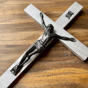 11&quot; Wall Crucifix Wood Metallic Silver Gunmetal Decor Christ Cross Crucifijo Catholic Mercy Cruz Made in USA