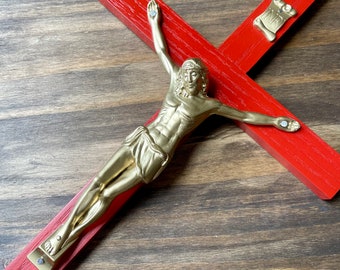 13" Wall Crucifix Wood Red and Gold Christ Decor Cross Crucifijo Catholic Mercy Cruz Made in USA