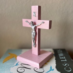 Standing Crucifix Wood Pink 5.5&quot; Decor Christ Cross Crucifijo Catholic Mercy Cruz Made in USA Home Altar