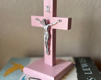 Standing Crucifix Wood Pink 5.5" Decor Christ Cross Crucifijo Catholic Mercy Cruz Made in USA Home Altar