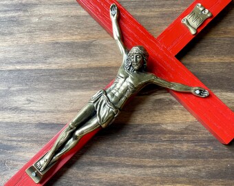 13" Wall Crucifix Wood Red and Bronze Christ Decor Cross Crucifijo Catholic Mercy Cruz Made in USA
