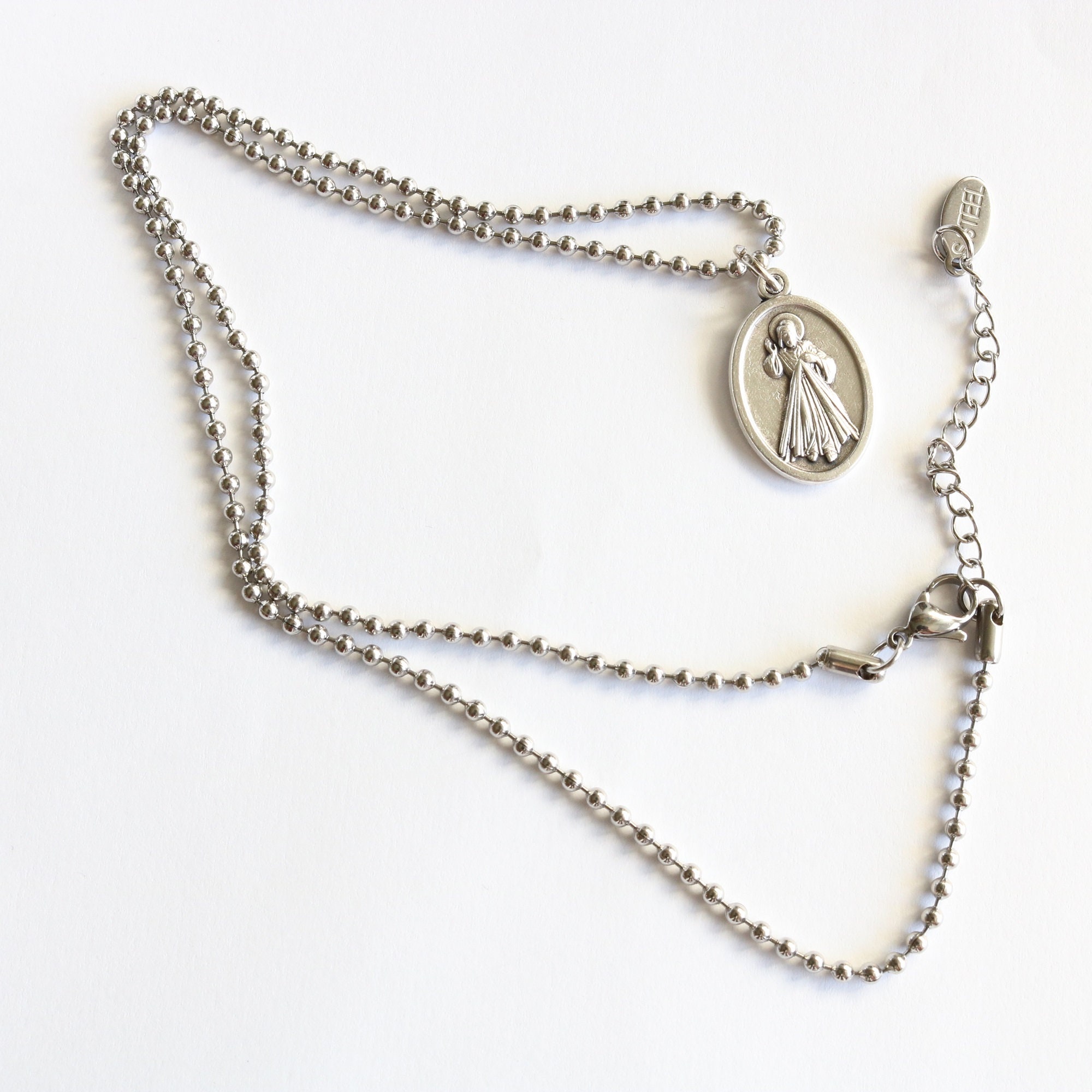 Divine Mercy & Mary Double Sided Medal Men 20" Stainless Steel Chain ...