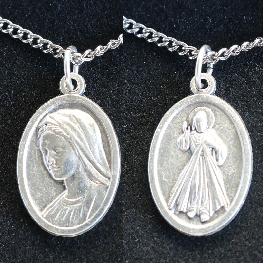 Divine Mercy & Mary Double Sided Medal Women 18" Stainless Steel Chain ...