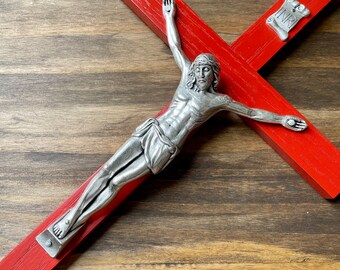 13" Wall Crucifix Wood Red Decor Christ Cross Crucifijo Catholic Mercy Cruz Made in USA