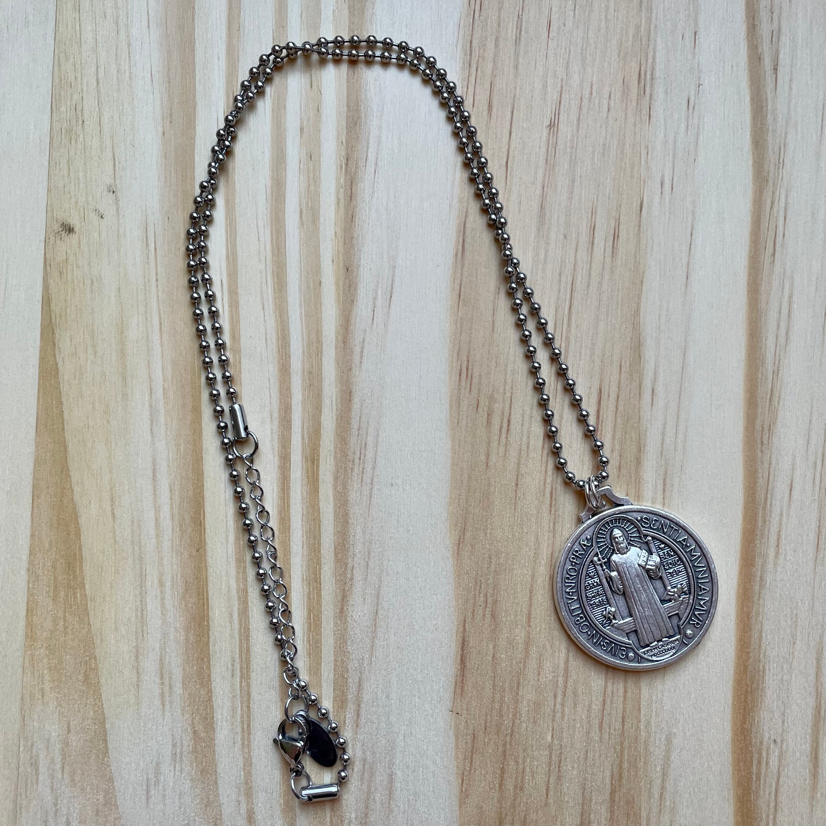 1.25" St Benedict Medal Round Men 20" Stainless Steel Chain Mary ...