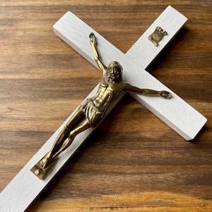 11&quot; Wall Crucifix Wood White Bronze Christ Decor Cross Crucifijo Catholic Mercy Cruz Made in USA