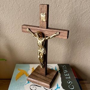 8.5&quot; Standing Crucifix Wood Brown Gold Decor Christ Cross Crucifijo Catholic Mercy Cruz Made in USA Home Altar
