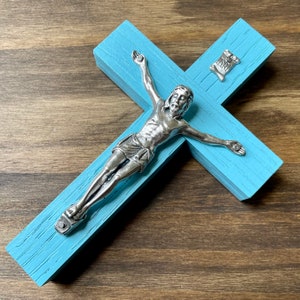 5&quot; Wall Crucifix Wood Aqua Silver Decor Christ Cross Crucifijo Catholic Mercy Cruz Made in USA
