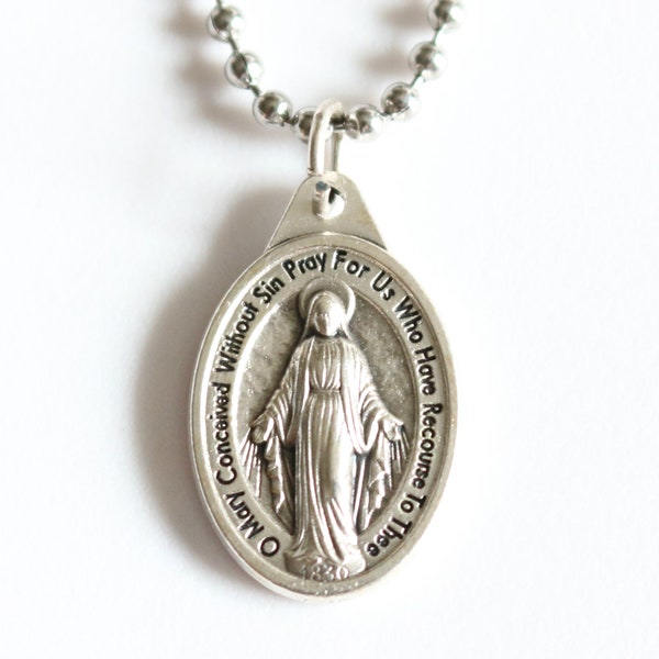 Miraculous Medal Men 20" Stainless Steel Chain Mary Necklace Catholic Pendant