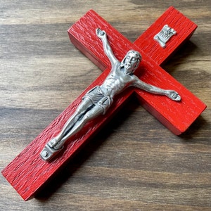 5&quot; Wall Crucifix Wood Red Decor Christ Cross Crucifijo Catholic Mercy Cruz Made in USA