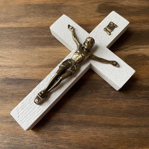 5&quot; Wall Crucifix Wood White Bronze Decor Christ Cross Crucifijo Catholic Mercy Cruz Made in USA