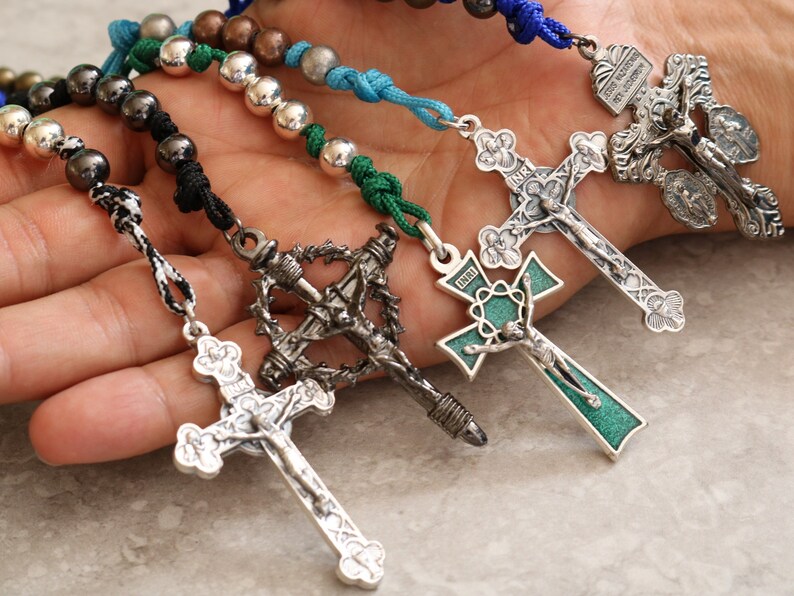 Rosary Camo Paracord Steel Silver Beads Gray Wearable Cross Etsy