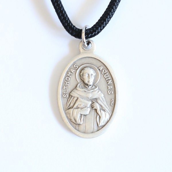 St Thomas Aquinas Pendant Black Paracord Medal Necklace Catholic Mercy Saints